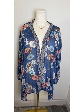 Band Of Gypsies Blue Floral Kimono Cardigan XS/S Open Front Lightweight Boho